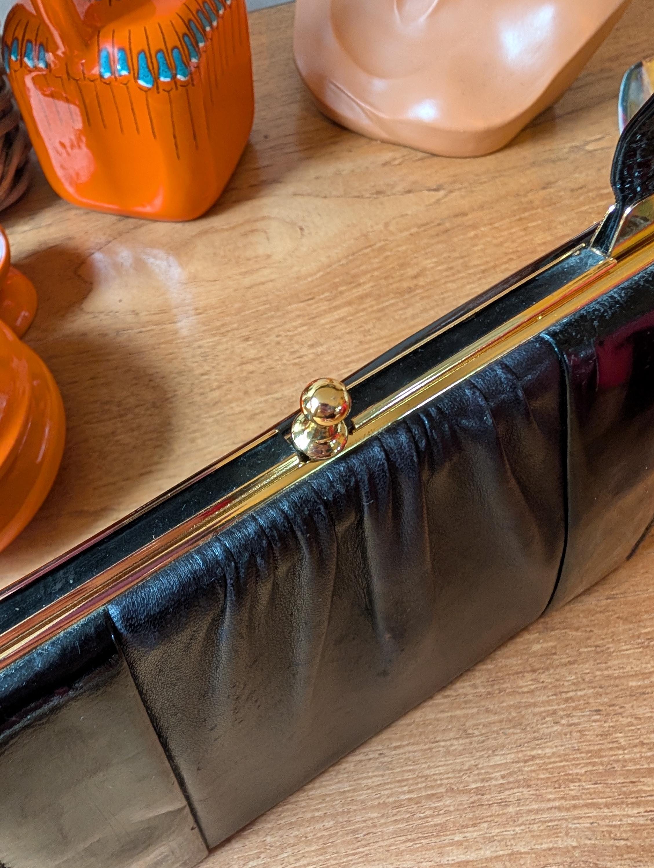 60s 70s BLACK Leather and Patent Vinyl, Klly HANDBAG PURSE, Van