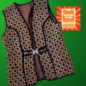 70s WELSH TAPESTRY wool black cream tan geometric metal buckle belt tabard gilet WAISTCOAT uk 14