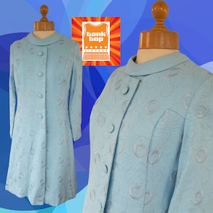 60s baby BLUE linen abstract circles FLORAL dress SUIT uk 10