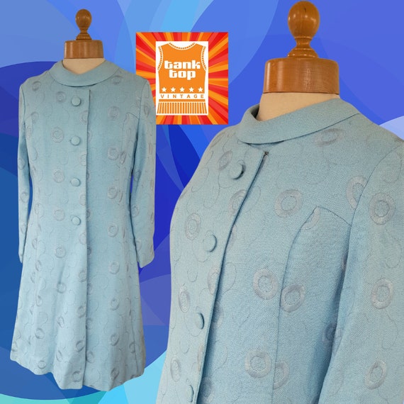 60s baby BLUE linen abstract circles FLORAL dress SUIT uk 10