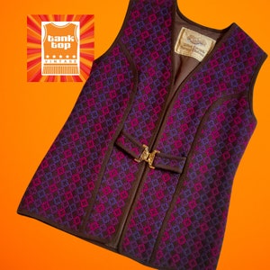 70s WELSH TAPESTRY wool brown purple magenta dillad coracle metal buckle tabard gilet WAISTCOAT uk 14