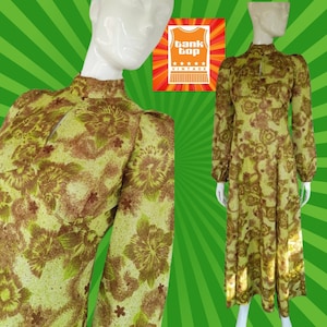 70s CHARTREUSE lime SILVER lurex MAXI dress uk 10