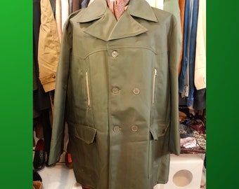 70s Dark Green Vinyl Pea Coat, Double Breasted, 50 Chest