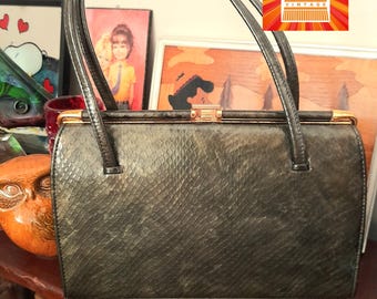 60s van dal dark GREEN irridescent faux SNAKESKIN EMBOSSED handbag mod sixties