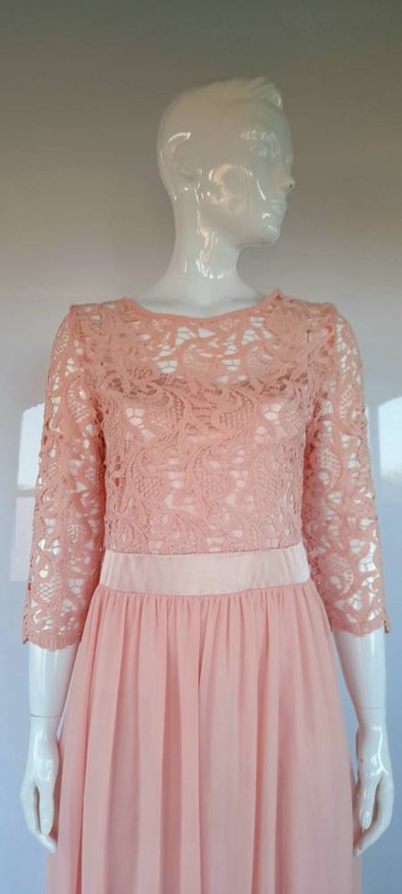 60s 70s pale salmon PINK lace and nylon MAXI DRES… - image 5
