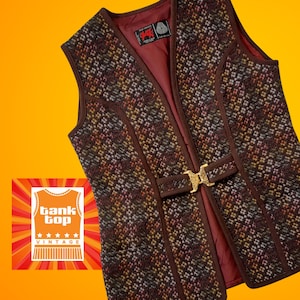 70s WELSH TAPESTRY wool brown red yellow green welsh woolens metal buckle tabard gilet WAISTCOAT uk 12