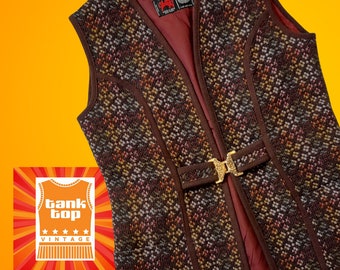 70s WELSH TAPESTRY wool brown red yellow green welsh woolens metal buckle tabard gilet WAISTCOAT uk 12