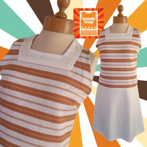 60s 70s ridinit cream TAN STRIPE double knit polyester sleeveless shift DRESS uk 10 mod