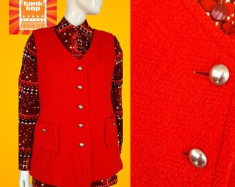 60s 70s Schachbrett ORANGE ROT wollweste mit silbernen knöpfen mod sixties uk 14
