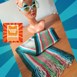 70&#39;s bright STRIPED vintage narrow long tassled tricel KNIT SCARF