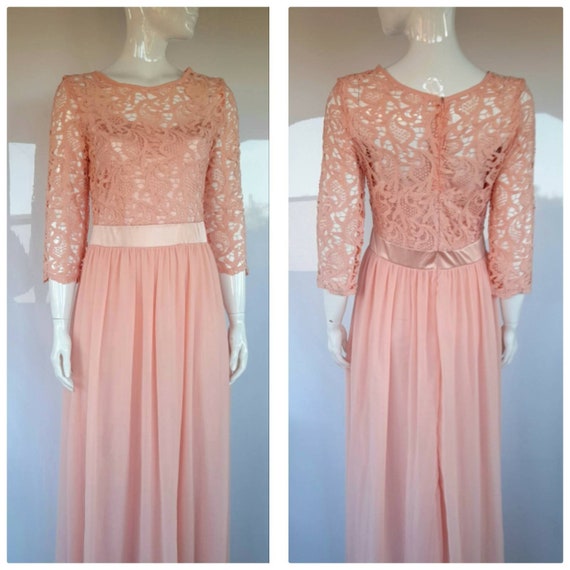 60s 70s pale salmon PINK lace and nylon MAXI DRES… - image 1