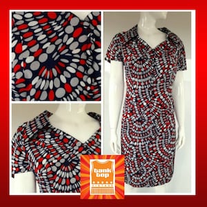 60s 70s abstracto ROJO blanco azul gris SPOTTY DRESS mod sixties volup uk 18