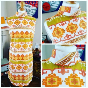 Abstract FLORAL ORANGE turtle neck cotton sleeveless 60&#39;s shift DRESS uk 14 mod