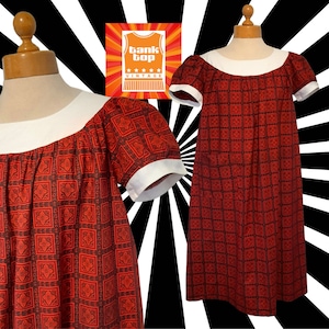 60s deep RED and black squared SMOCK DRESS by modelled by vennings with white trim uk 14 mod volup sixties