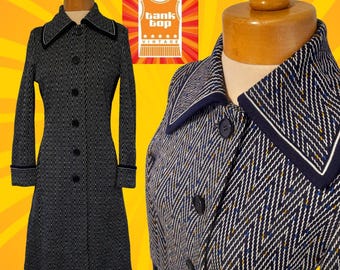 1950s 60s Womens Navy Blue Large Buttons Jackie O Wool Coat Size