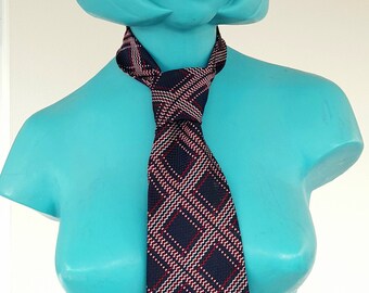 60s 70s RED white BLUE check large kipper st michael polyester TIE cravate boho sixties mod