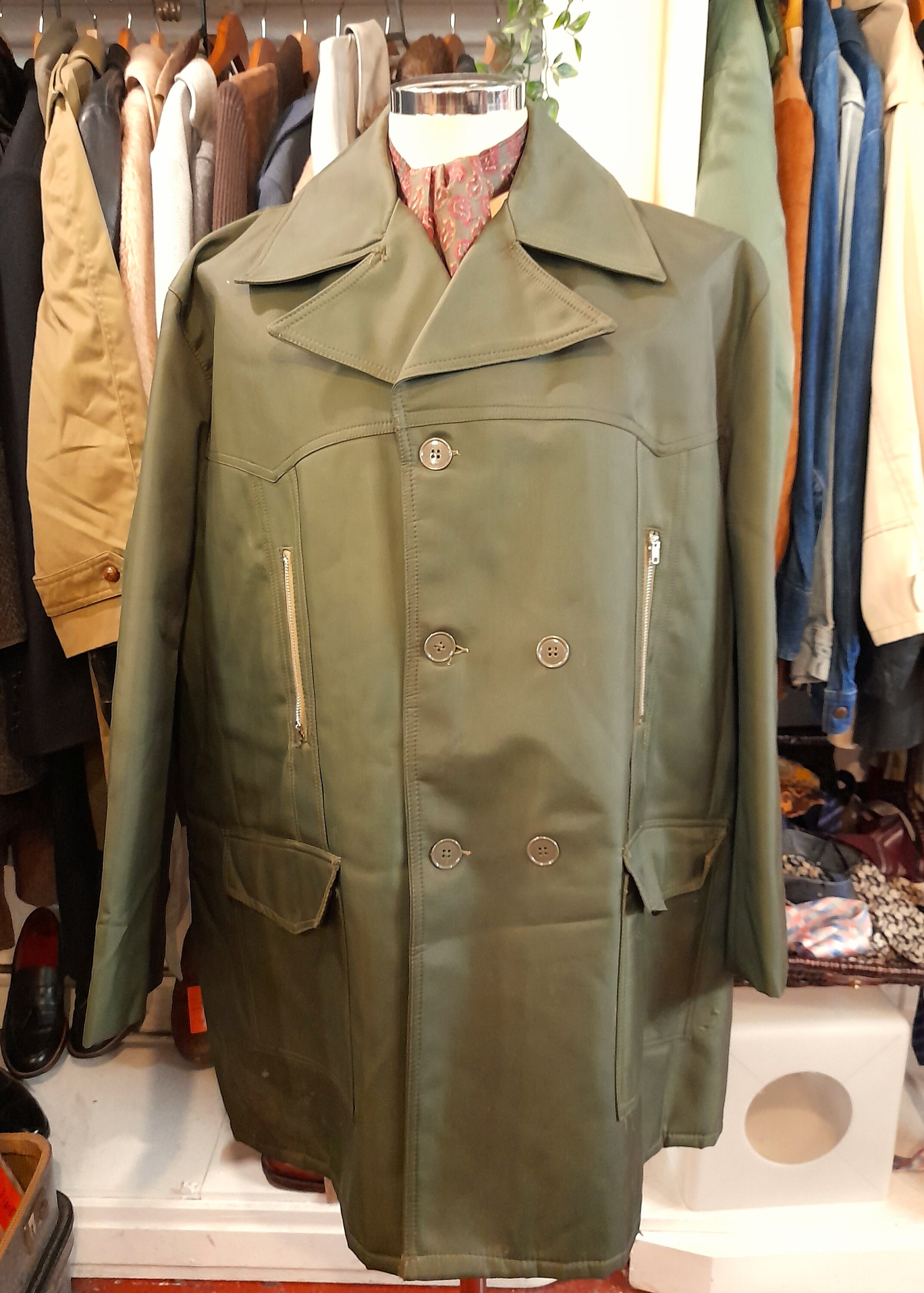 70s Dark Green Vinyl Pea Coat, Double Breasted, 50 Chest - Etsy Norway