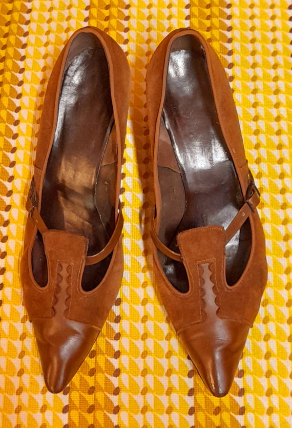 60s BROWN SUEDE t bar glamour WINKLEPICKERS heels 