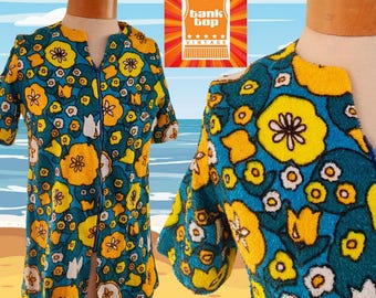 Vintage Floral Terry Towelling Tunic Top, 60s Mod Cover-Up (UK 8-10)