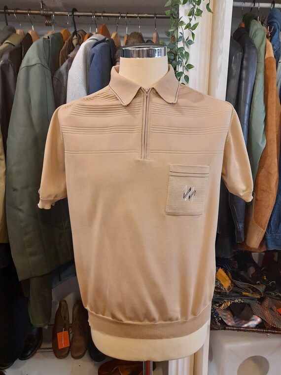 70s gents fine KNIT ZIPPER TOP pale coffee carame… - image 1