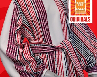 jaren 60 stijl nieuwe handgemaakte rood zwart roze crème GESTREEPTE mod JURK met ballonmouwen en sjerp stropdas volup VK 16 18