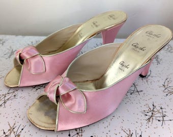 80er/90er Jahre Baby Pink Gold Chez Soi Französisch Schlafzimmer Boudoir Burlesque Pantoletten Hausschuhe Absätze UK 5
