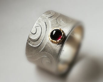 Silberring mit Ornament Granat Gold  "Flamenco" Red Sterling roter Stein breiter Ring Bicolor