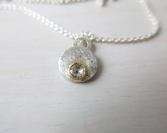 Small round pendant diamond rose cut white silver gold chain delicate elegant timeless gift bridal chain rustic handmade unique