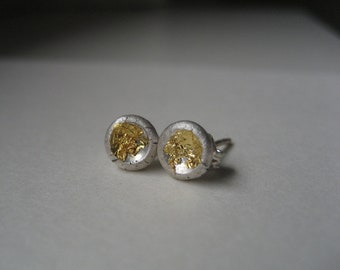 Small studs simple round, silver gold two-tone