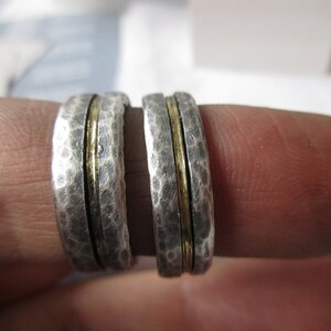 Forged wedding rings, wedding rings bicolor rustic handmade sterling silver yellow gold 14 k set image 4