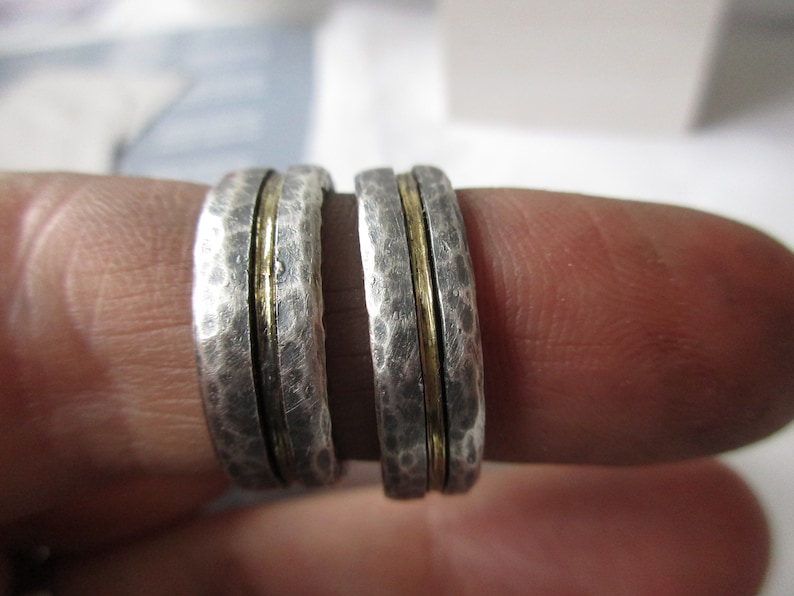 Forged wedding rings, wedding rings bicolor rustic handmade sterling silver yellow gold 14 k set image 4
