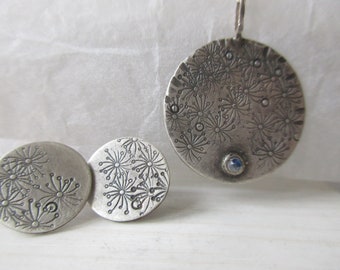 Round large pendant with earrings silver moonstone, diamond or ruby, floral pattern rustic simple with set or single.