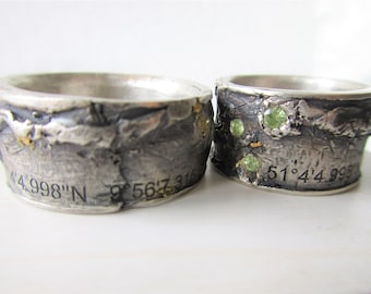 Insolite Fedi nuziali Argento Oro Diamante Desiderio Pietre Coordinate dell'amore Paesaggio Anelli Set Pietre preziose Incisione esterna