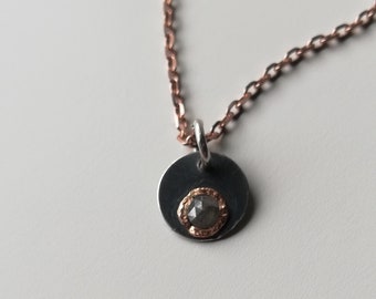 Round small necklace pendant with diamond rose cut colored grey light unusual feminine silver gold rose gold rough diamond rustic gift