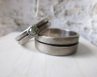 Unique wedding rings, rustic white gold, diamond, grey rose cut, one-of-a-kind, artisan boho, handcrafted, forged