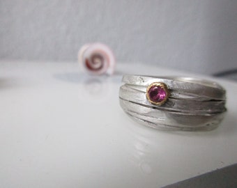 Ausgefallener breiter Silberring rosa pink Turmalin Gold Silber Wickelring