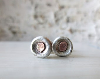 Stud earrings rose blossom two-tone silver rose gold unique rustic handmade