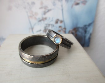 WEDDING RINGS Wedding Rings Pair rings rustic blackened fancy forged silver gold moonstone set bicolor handmade rings boho