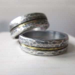 Forged wedding rings, wedding rings bicolor rustic handmade sterling silver yellow gold 14 k set image 1