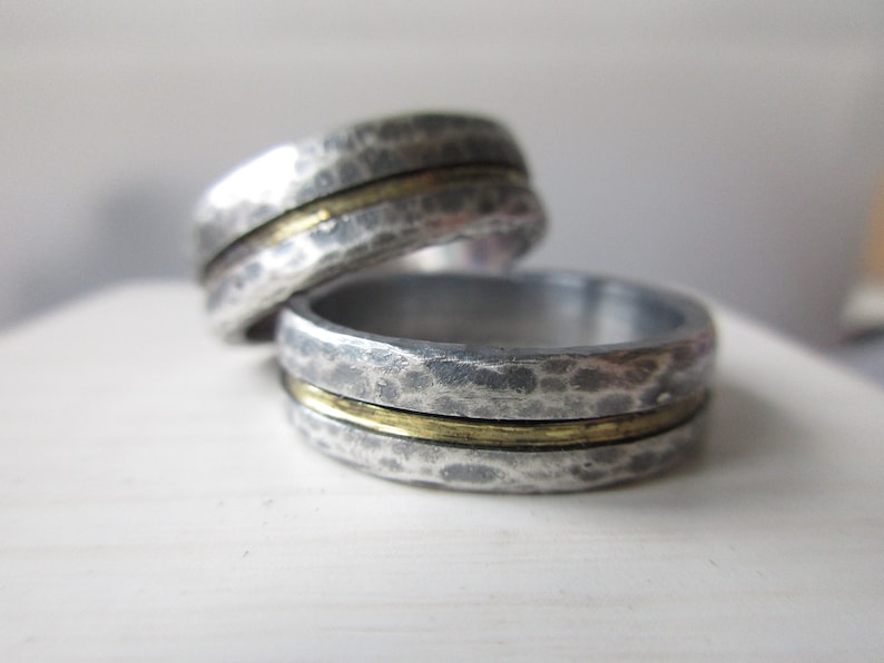 Forged wedding rings, wedding rings bicolor rustic handmade sterling silver yellow gold 14 k set image 1