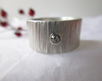 Wide silver ring with grey diamond rose cut forged structure timeless engagement gift