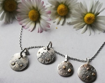 Small round silver disc gold detail pendant with chain nature pattern flowers bicolor stamped dandelion summer lady gift Mother's Day