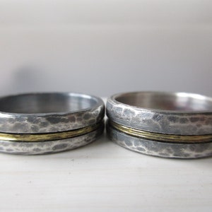 Forged wedding rings, wedding rings bicolor rustic handmade sterling silver yellow gold 14 k set image 2