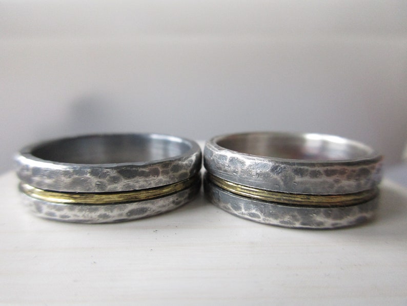 Forged wedding rings, wedding rings bicolor rustic handmade sterling silver yellow gold 14 k set image 2