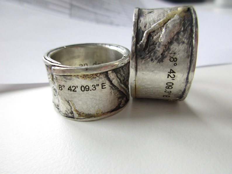 Verlobung, Freundschaftsring Memory Koordinaten Sterling Engagement engraving Mensring Bild 3