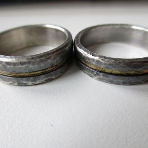 Forged wedding rings, wedding rings bicolor rustic handmade sterling silver yellow gold 14 k set image 3