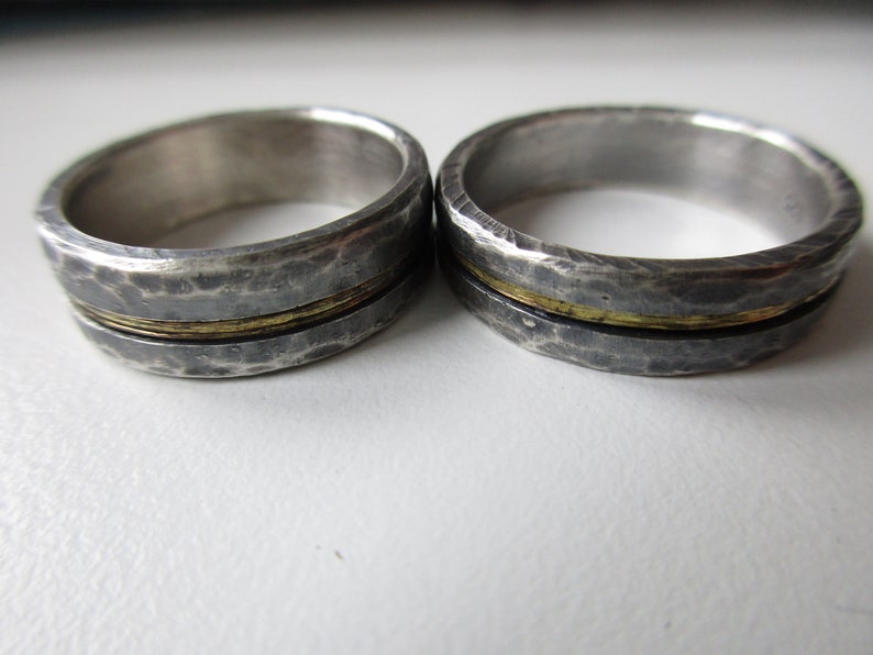 Forged wedding rings, wedding rings bicolor rustic handmade sterling silver yellow gold 14 k set image 3