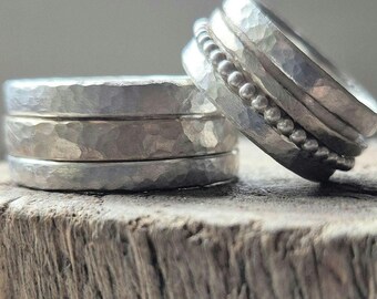 Unusual wedding rings, spinning ring, silver/gold, rustic, hammered, boho, solid