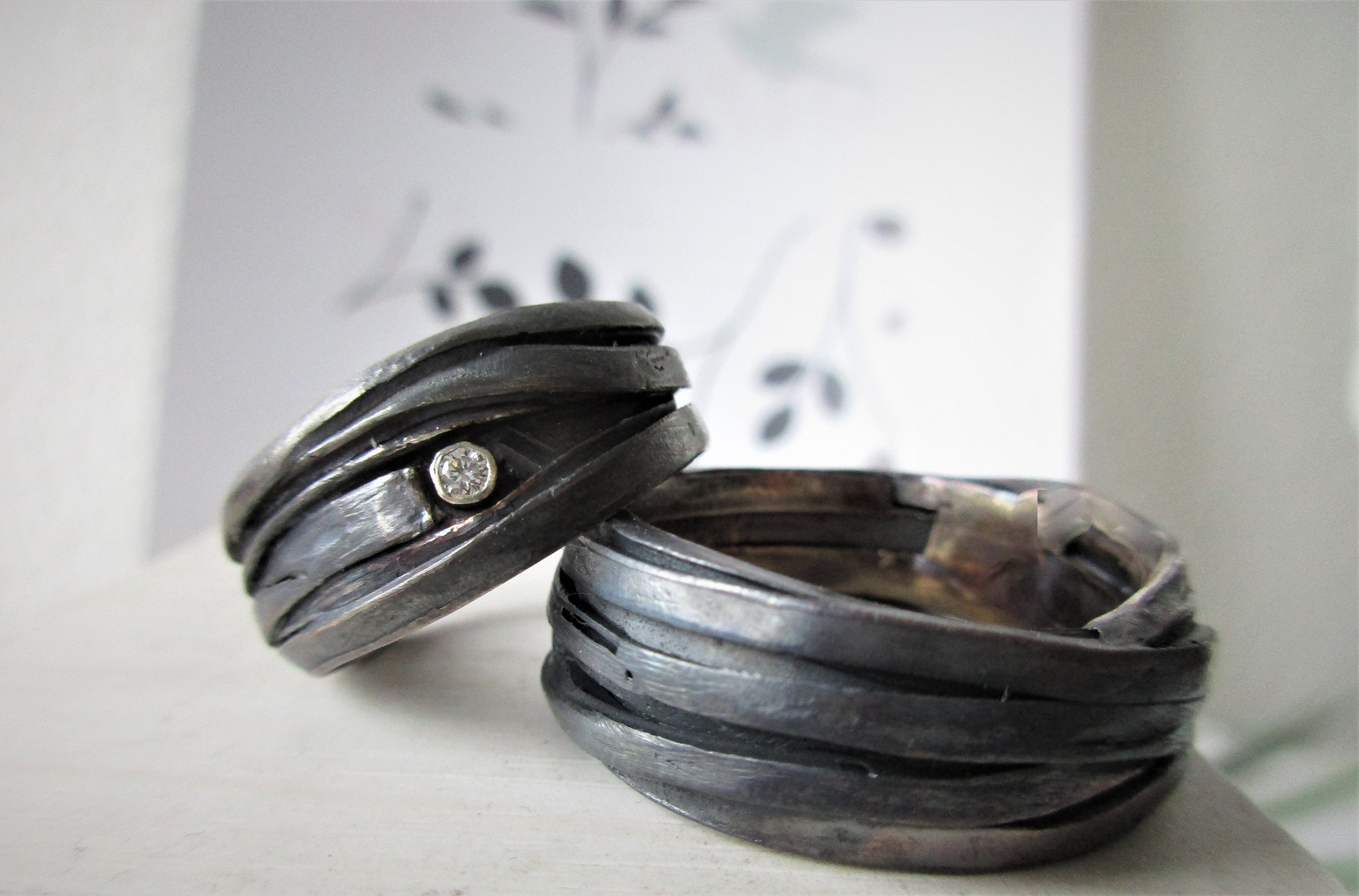 Fancy Handmade Wedding Rings Silver Blackened Diamond Handmade Etsy