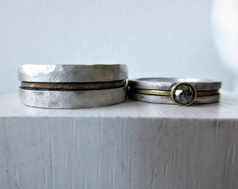 Ausgefallene rustikale Eheringe handgearbeitet geschmiedet  Silber Gold Diamant Boho "wildOne"unterschiedlich breit Set Hammerschlag